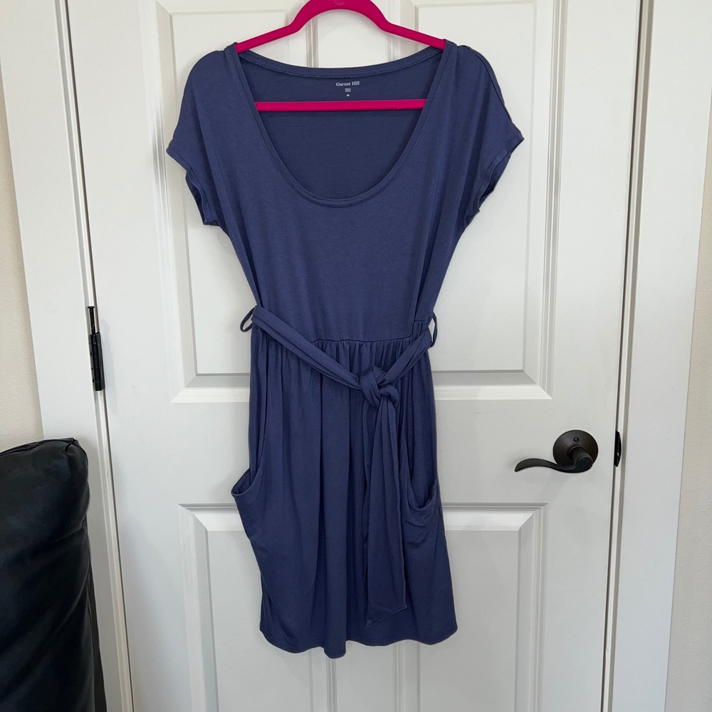 Garnet Hill Scoop Neck Cap Sleeve Tie Waist Blue Dress Size XS